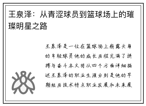 王泉泽：从青涩球员到篮球场上的璀璨明星之路